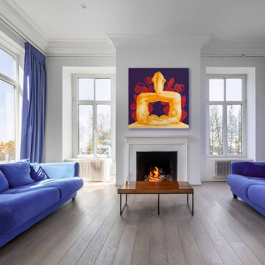 Modern living room with blue sofas, a fireplace, and a colorful abstract painting.