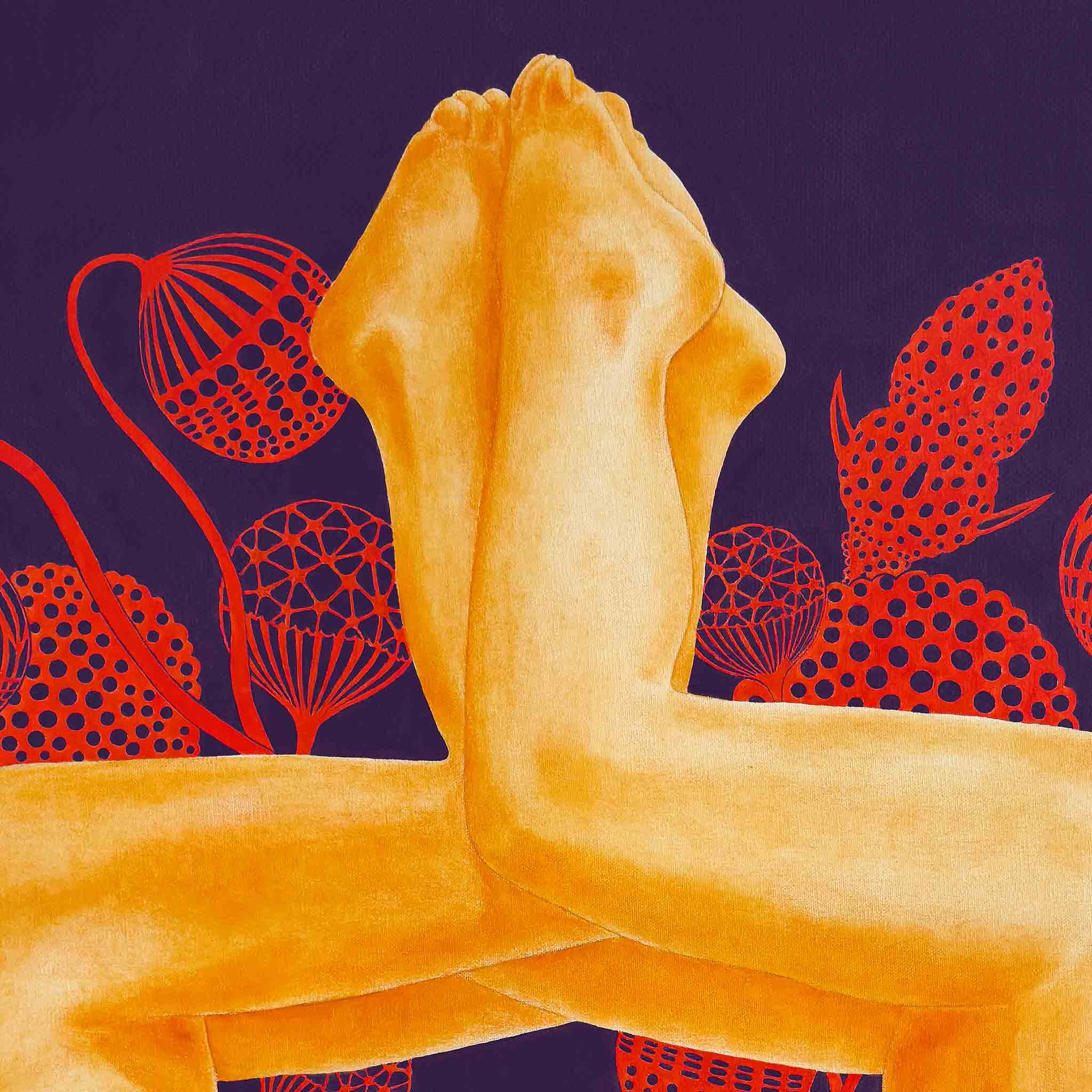 Artistic depiction of a person with orange skin against a purple background with red abstract shapes