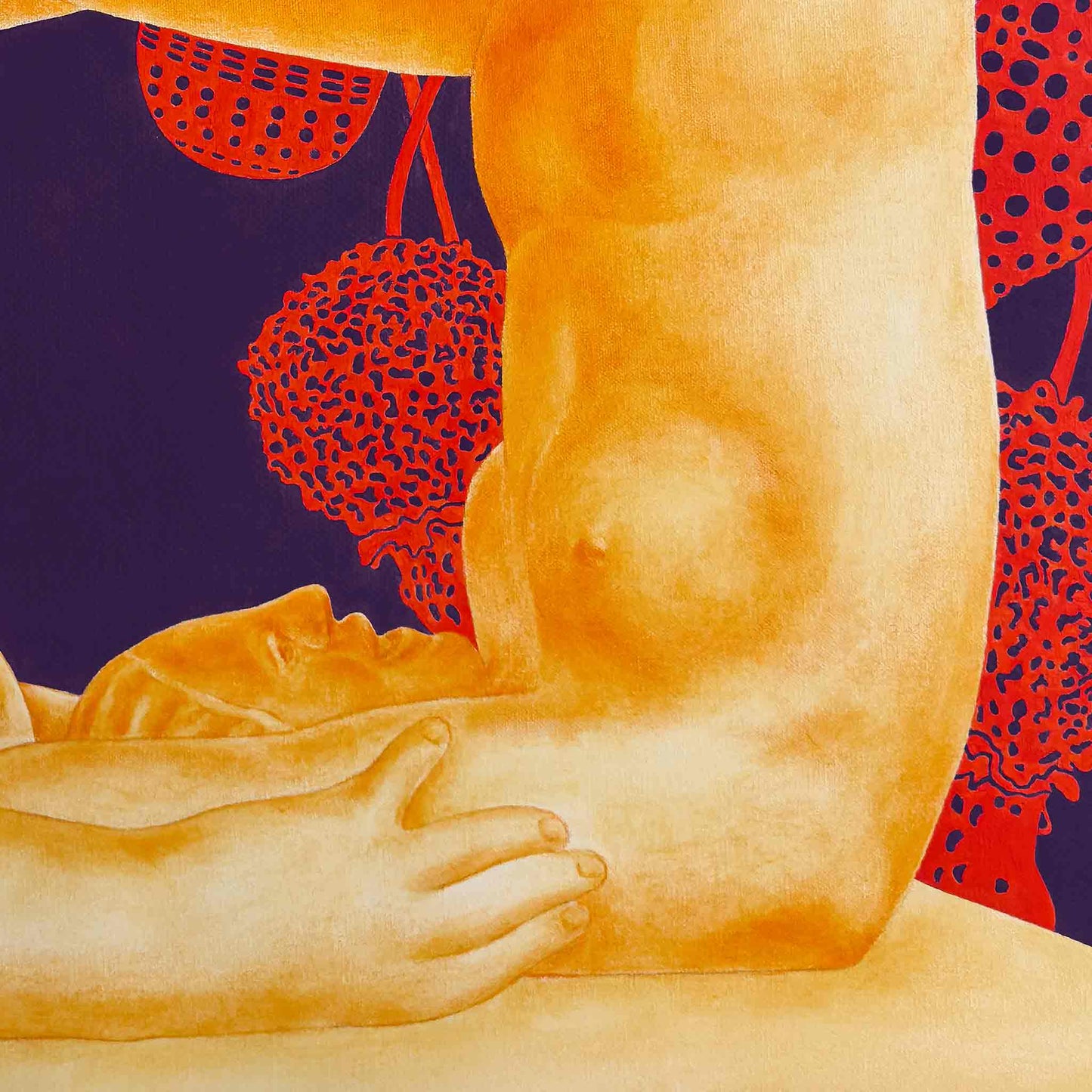 Artistic depiction of a person lying on their back against a colorful abstract background.