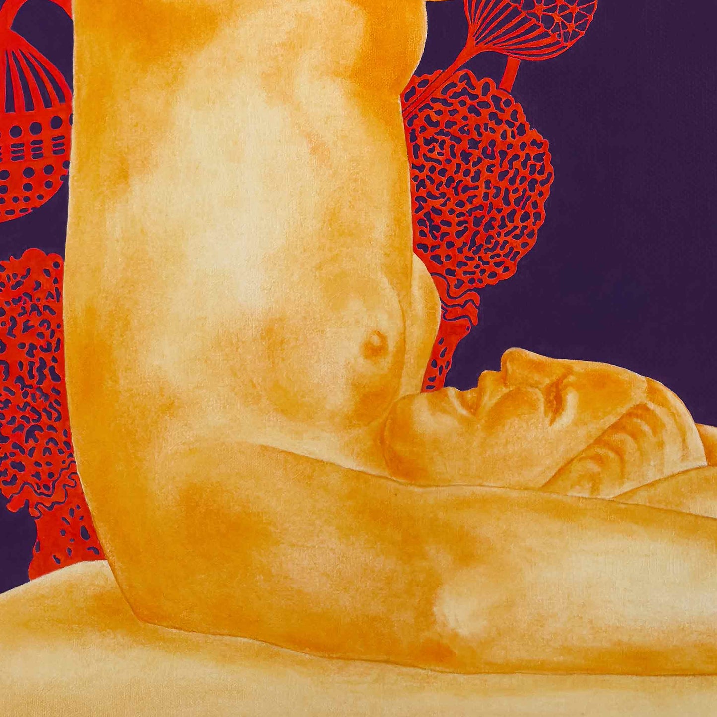Artistic depiction of a reclining figure with red abstract patterns on a purple background