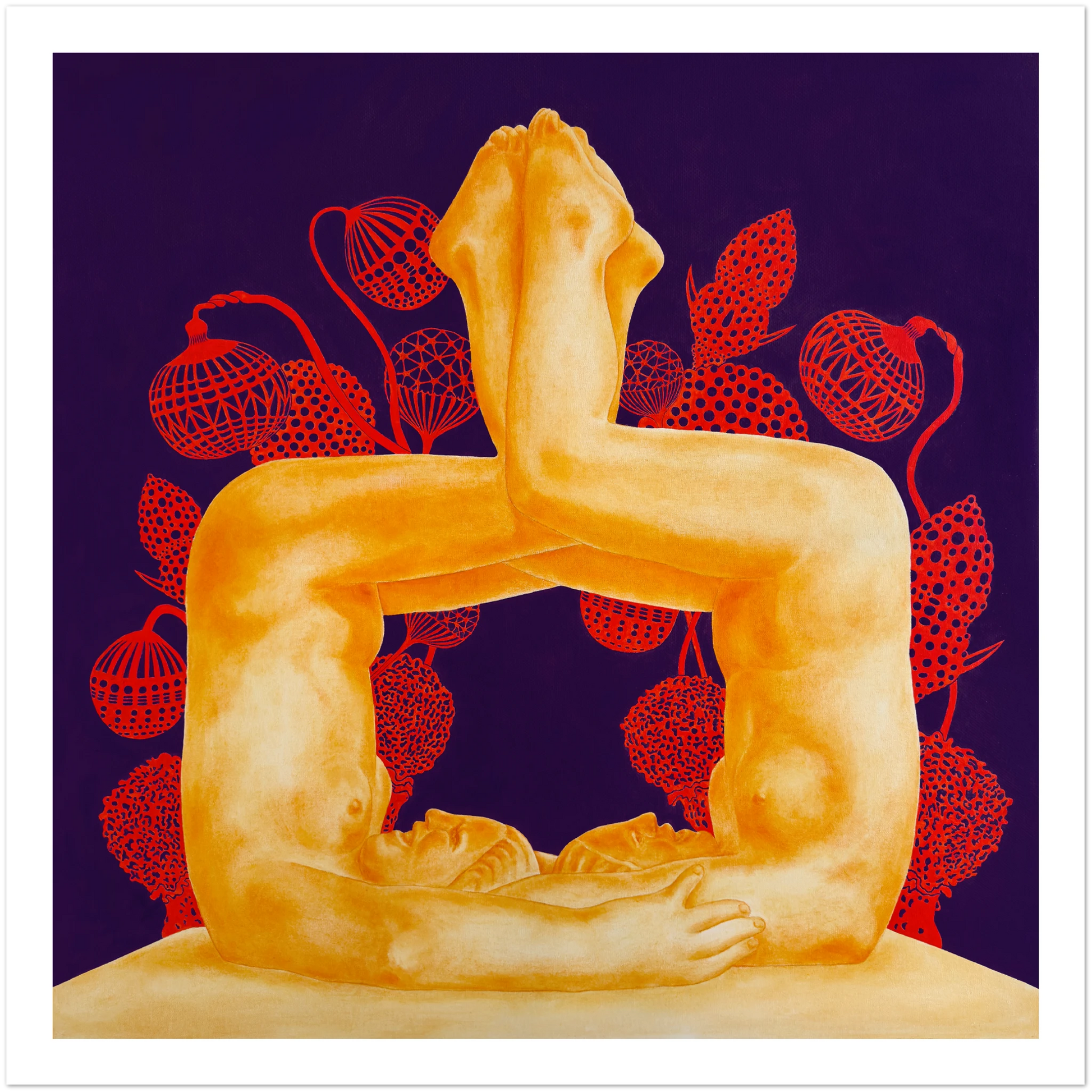 Artistic depiction of two figures with red abstract elements on a dark background