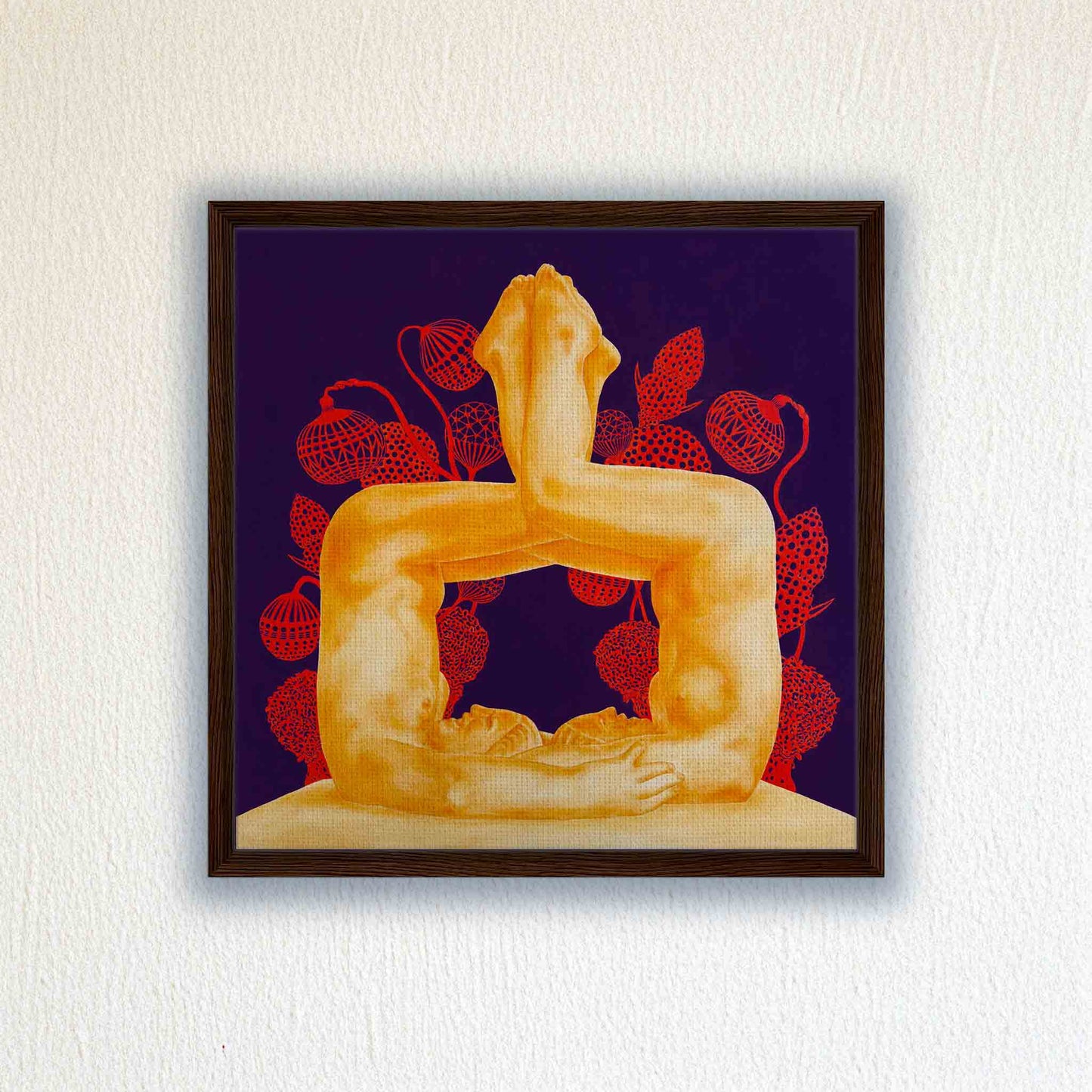 Framed artwork of two figure with red floral elements on a purple background