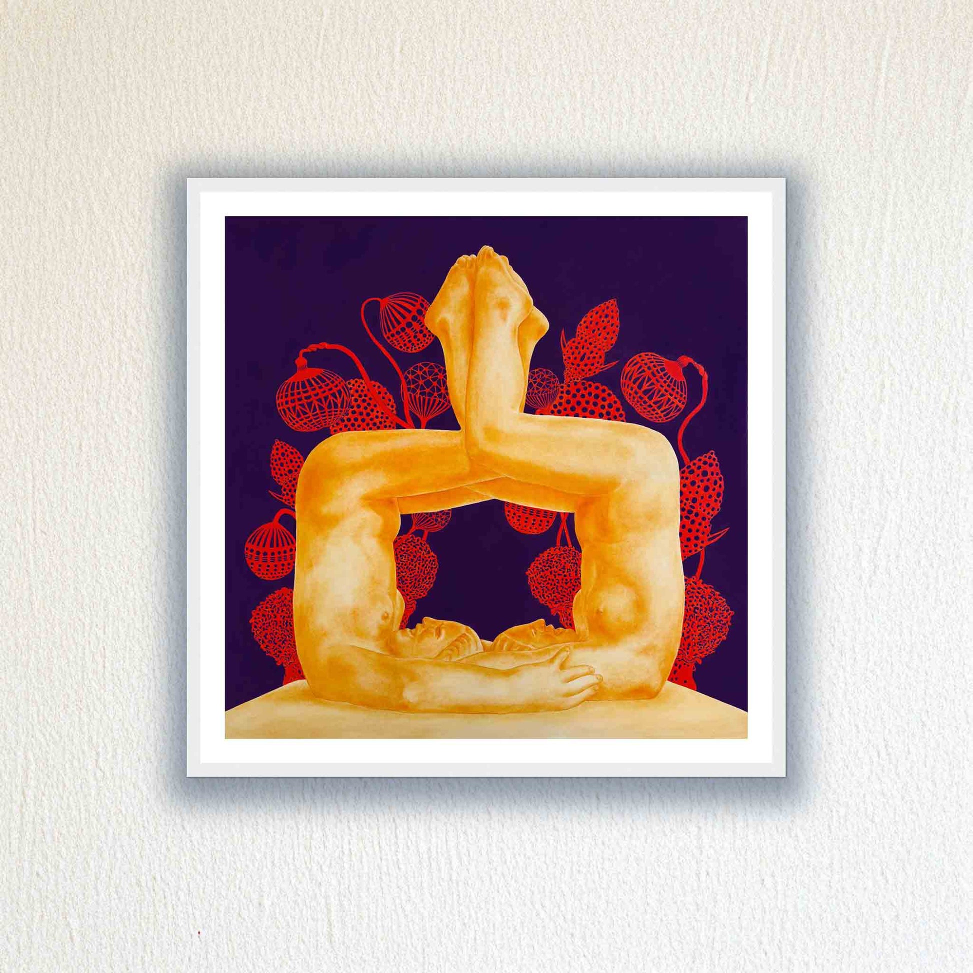 Framed artwork of a stylized human figure with red abstract elements on a purple background.