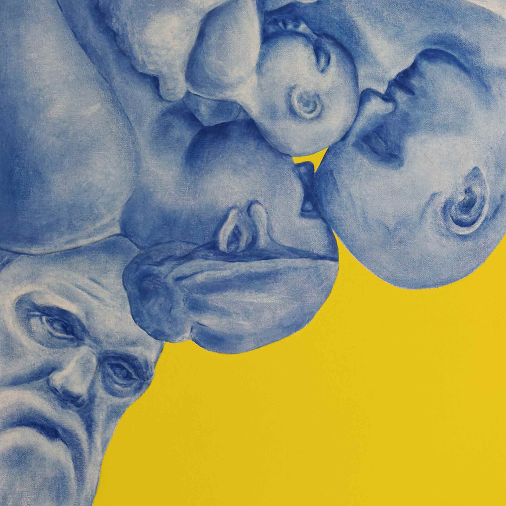 Artistic depiction of faces in blue on a yellow background
