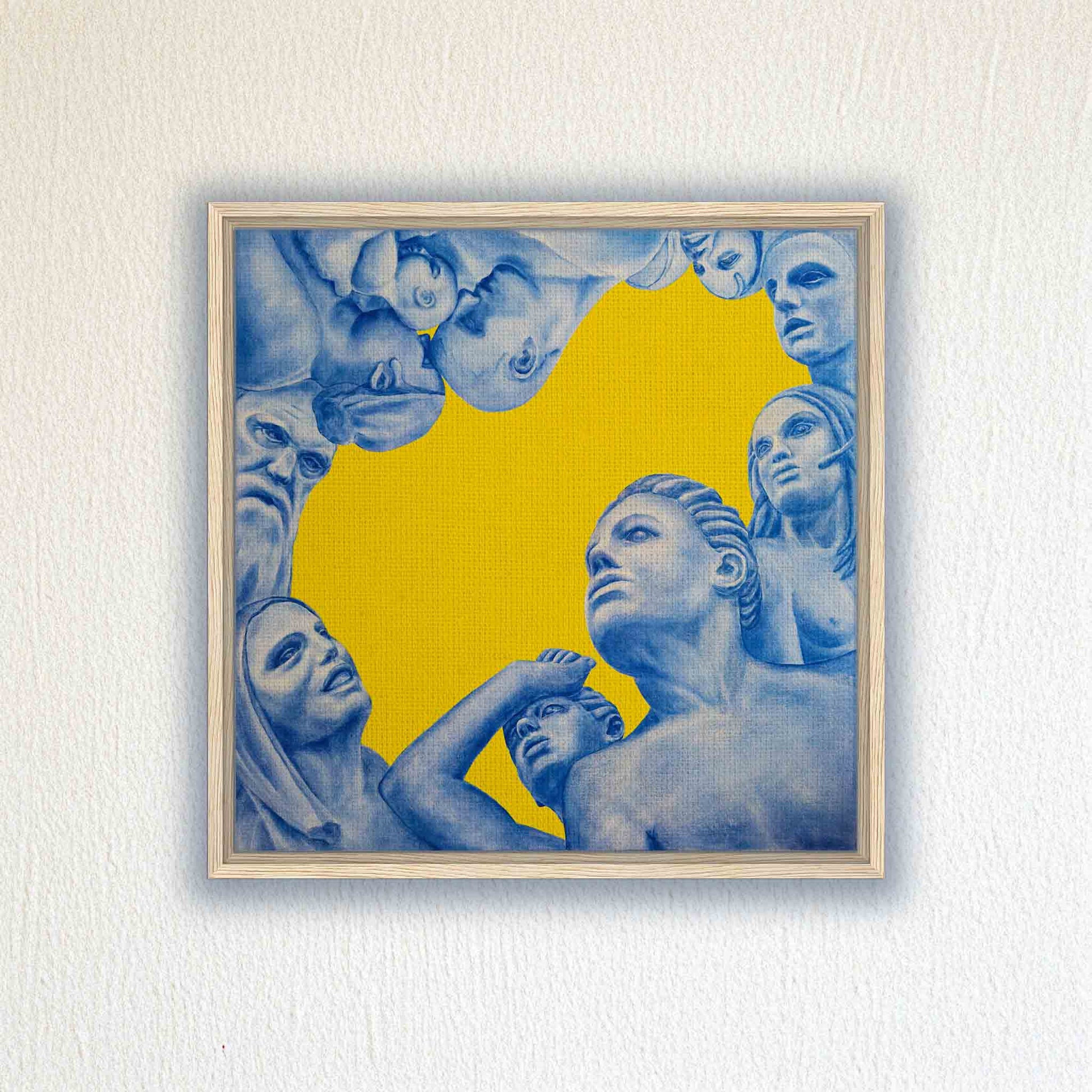 Framed artwork with blue figures on a yellow background