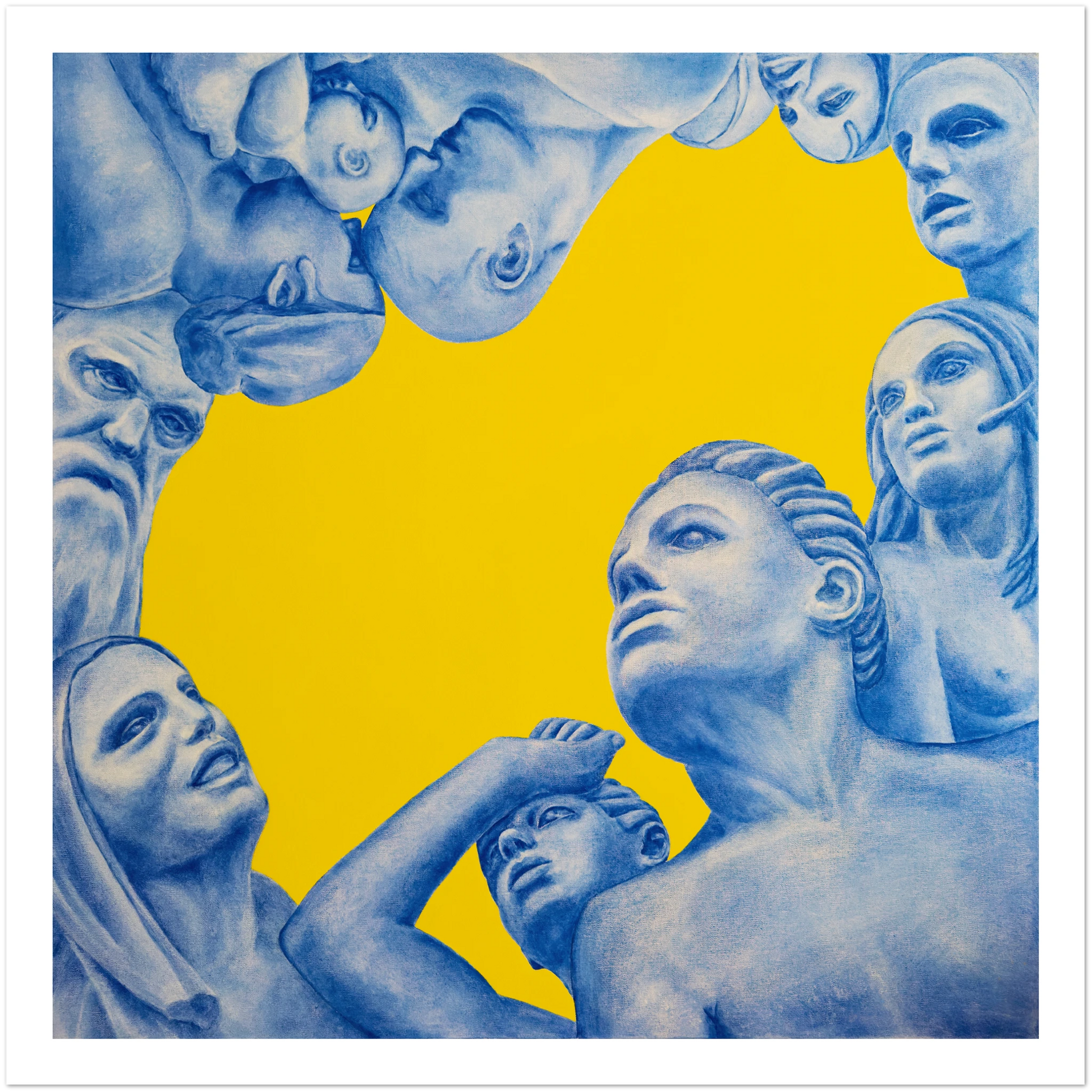 Artistic depiction of classical statues against a yellow background