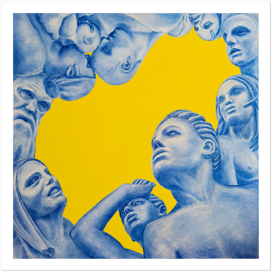 Artistic depiction of classical statues against a yellow background