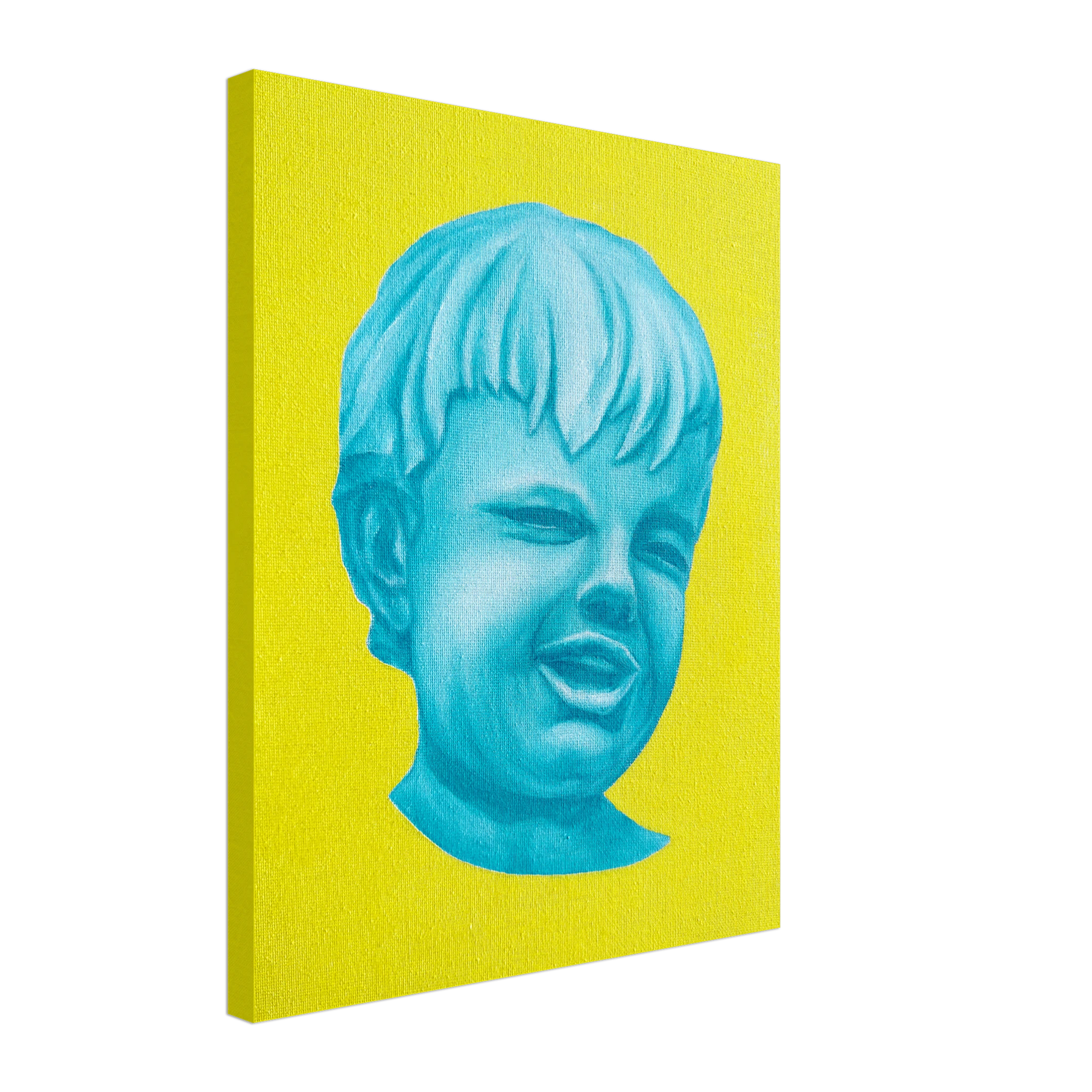 Canvas print with a blue portrait of a child on a yellow background