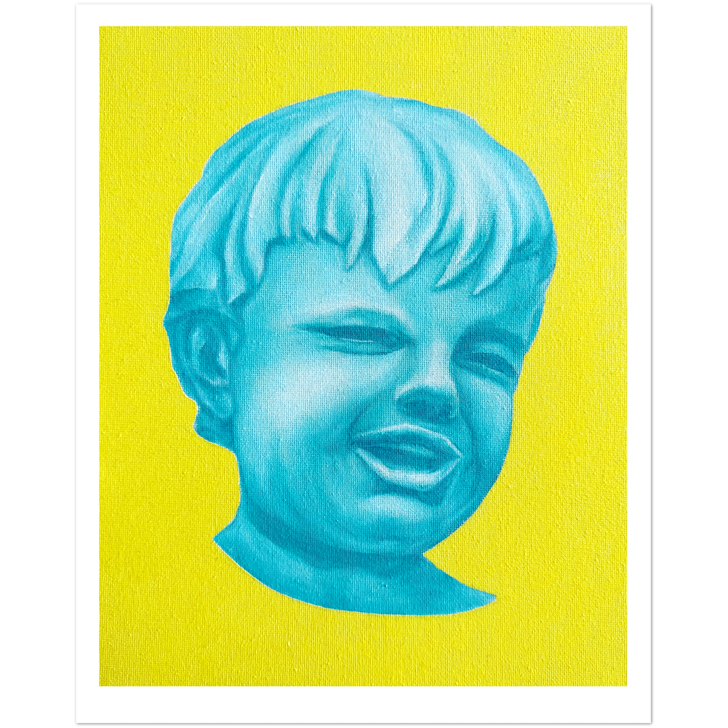 Blue face on a yellow background