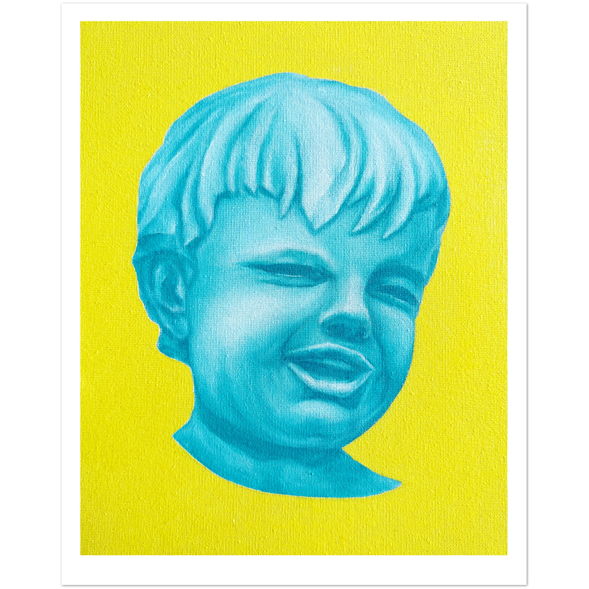 Blue face on a yellow background