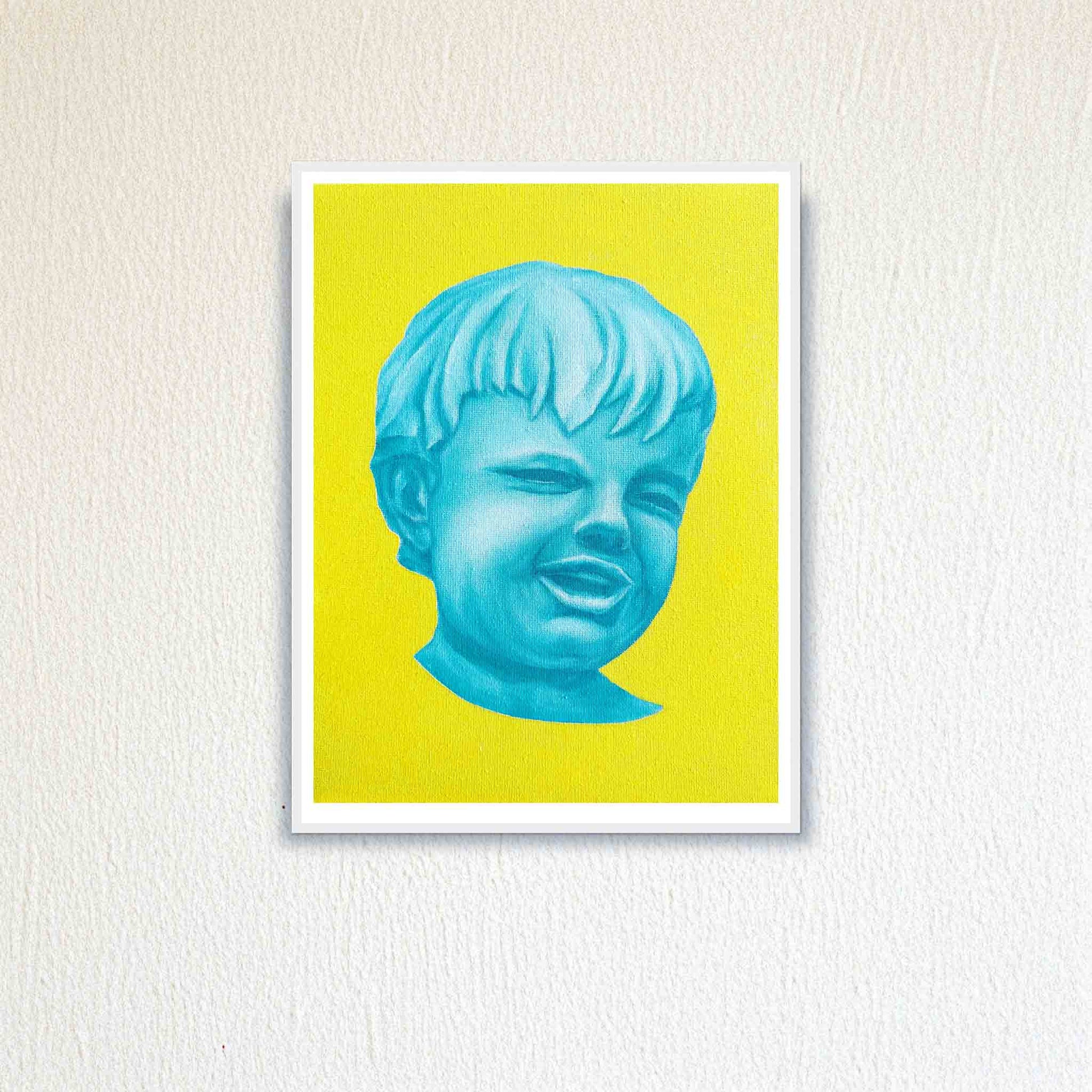 Framed artwork of a portrait on a yellow background