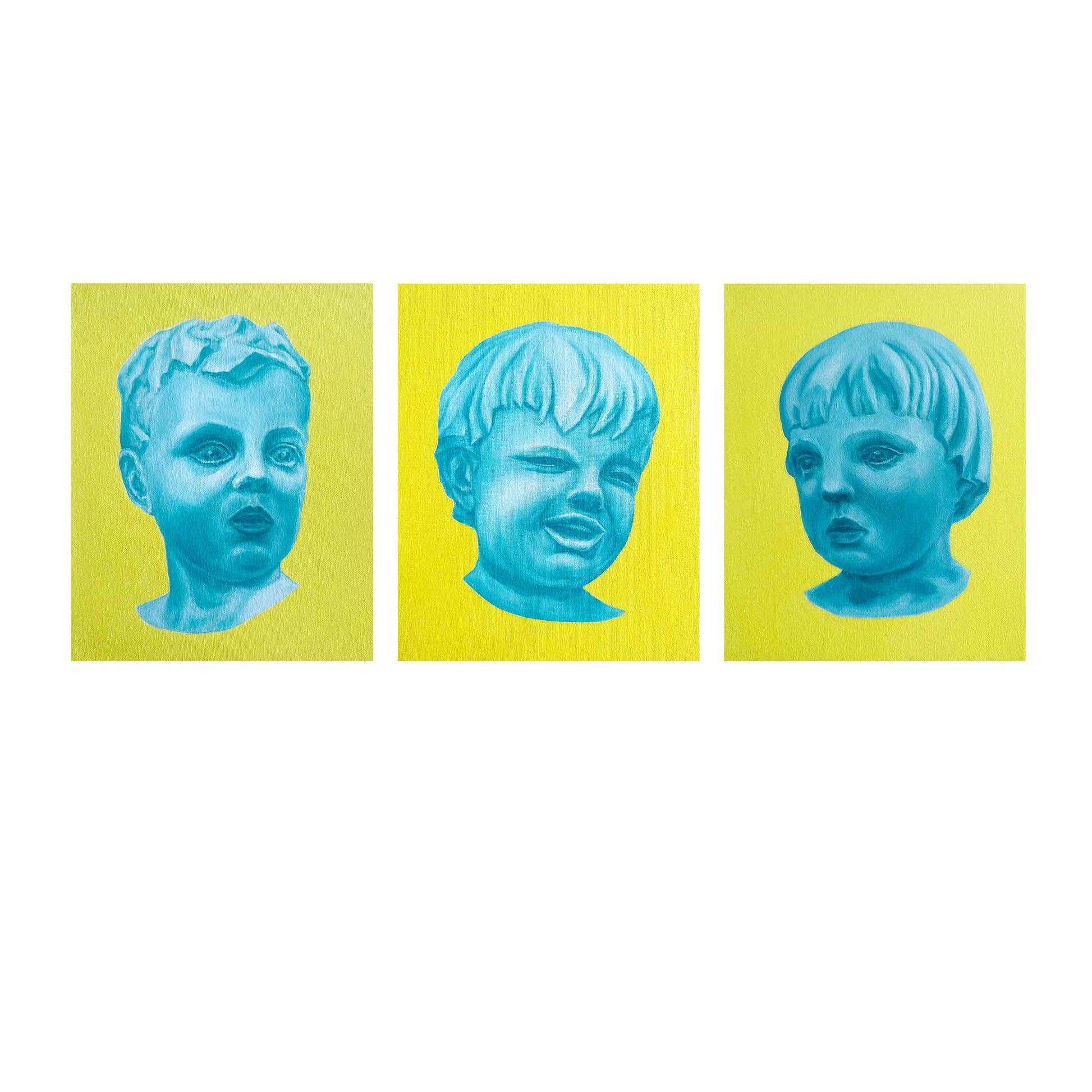 Three blue portraits on yellow canvas