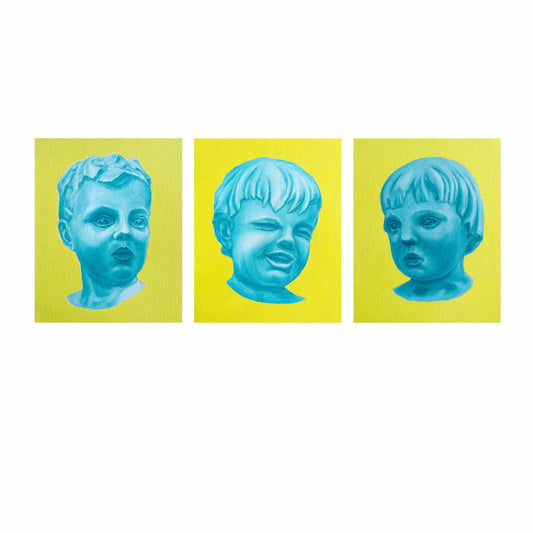 Three blue portraits on yellow canvas