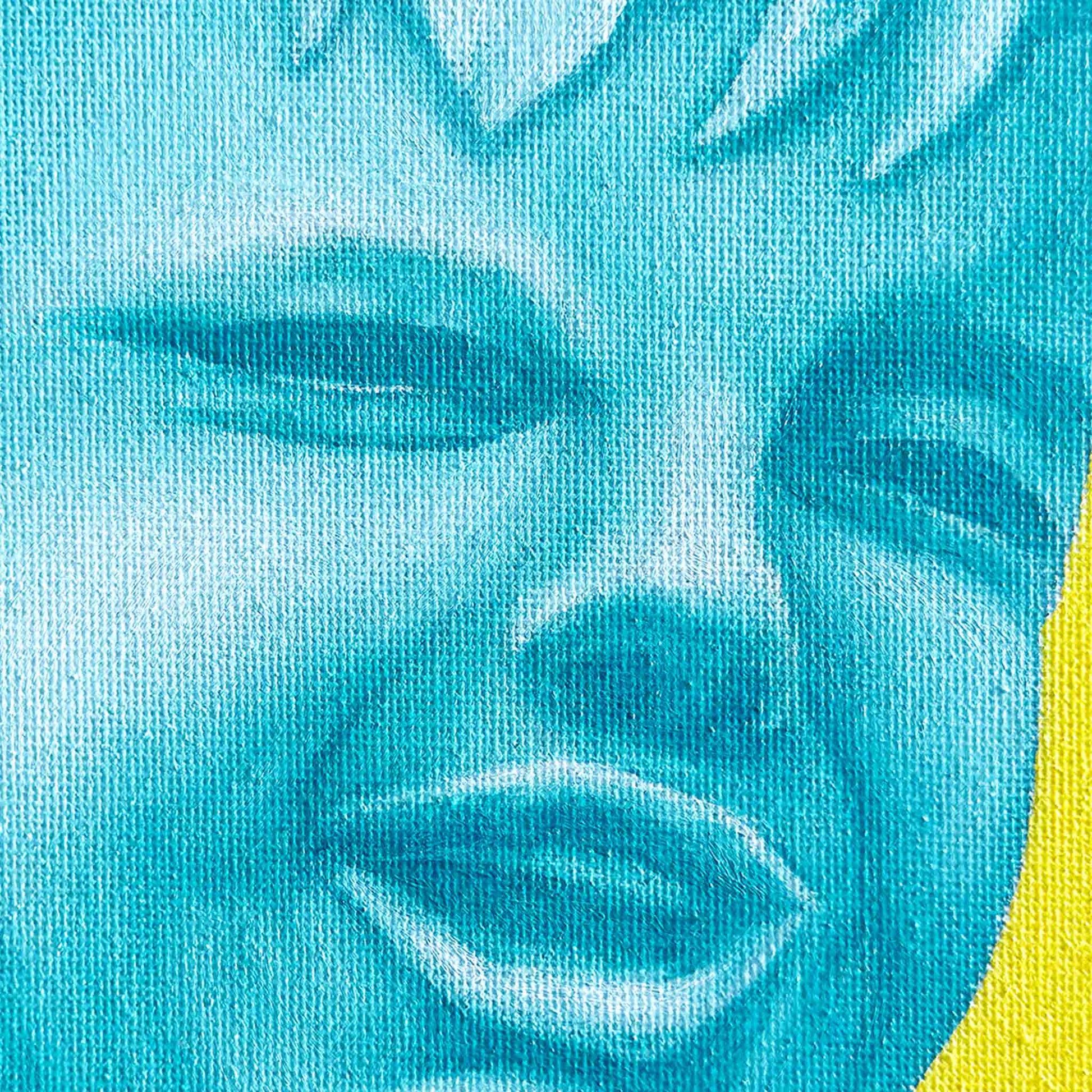 Close-up of a stylized face with blue tones on a textured fabric background
