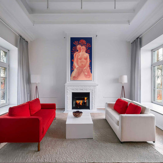 Modern living room with red and white sofas, a fireplace, and a colorful abstract painting.