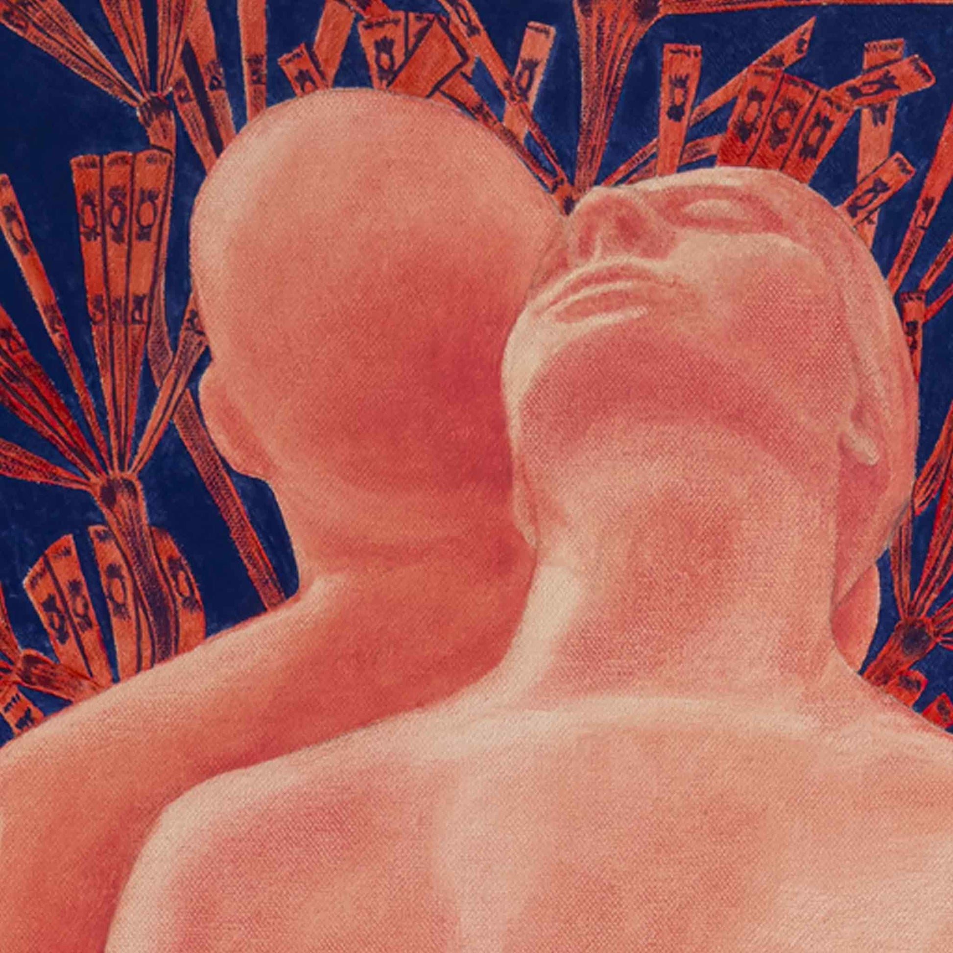 Two abstract human figures with a stylized background of red and blue shapes.