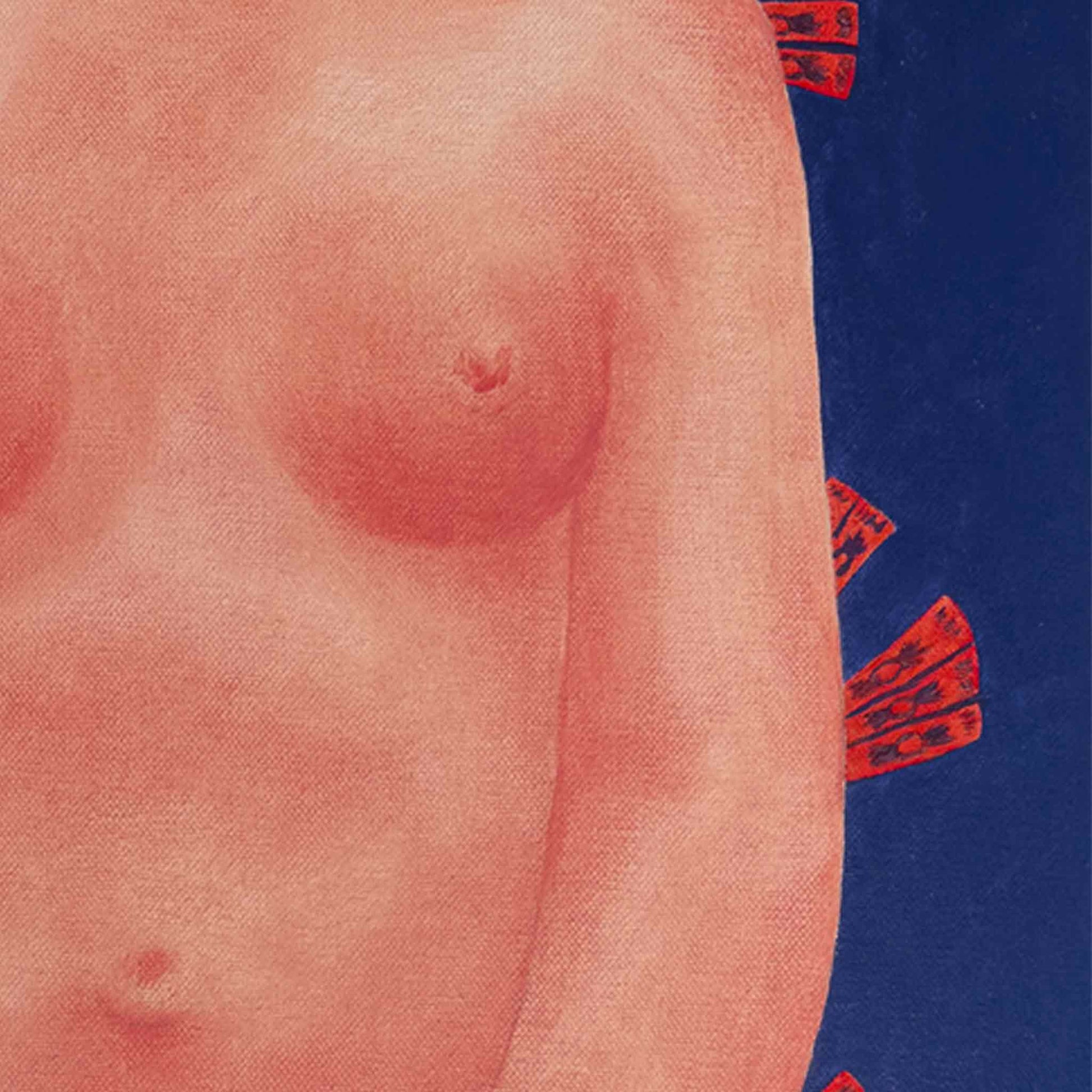 Partial view of a person's torso with a blue and red background
