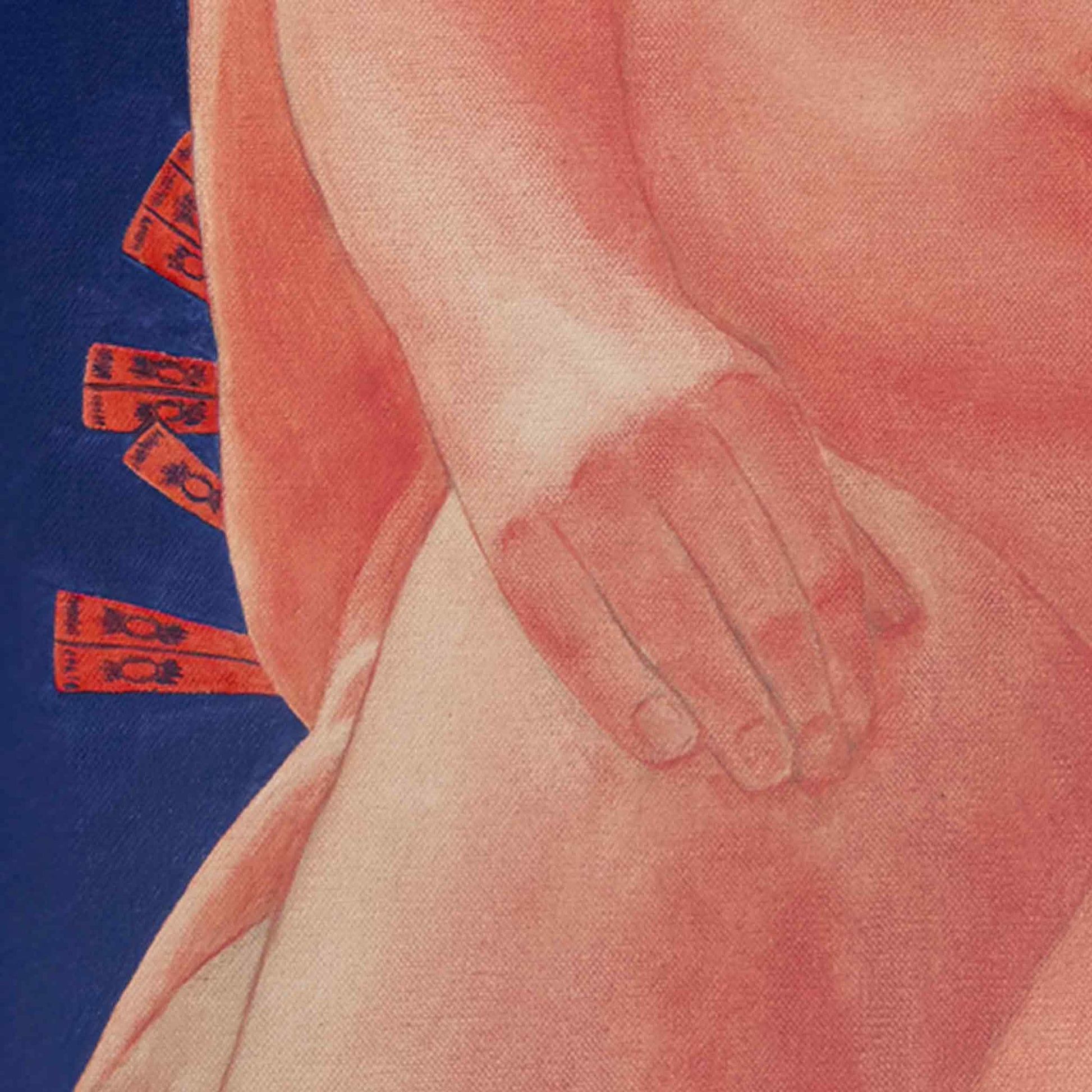Illustration of a hand against a blue background with red pattern