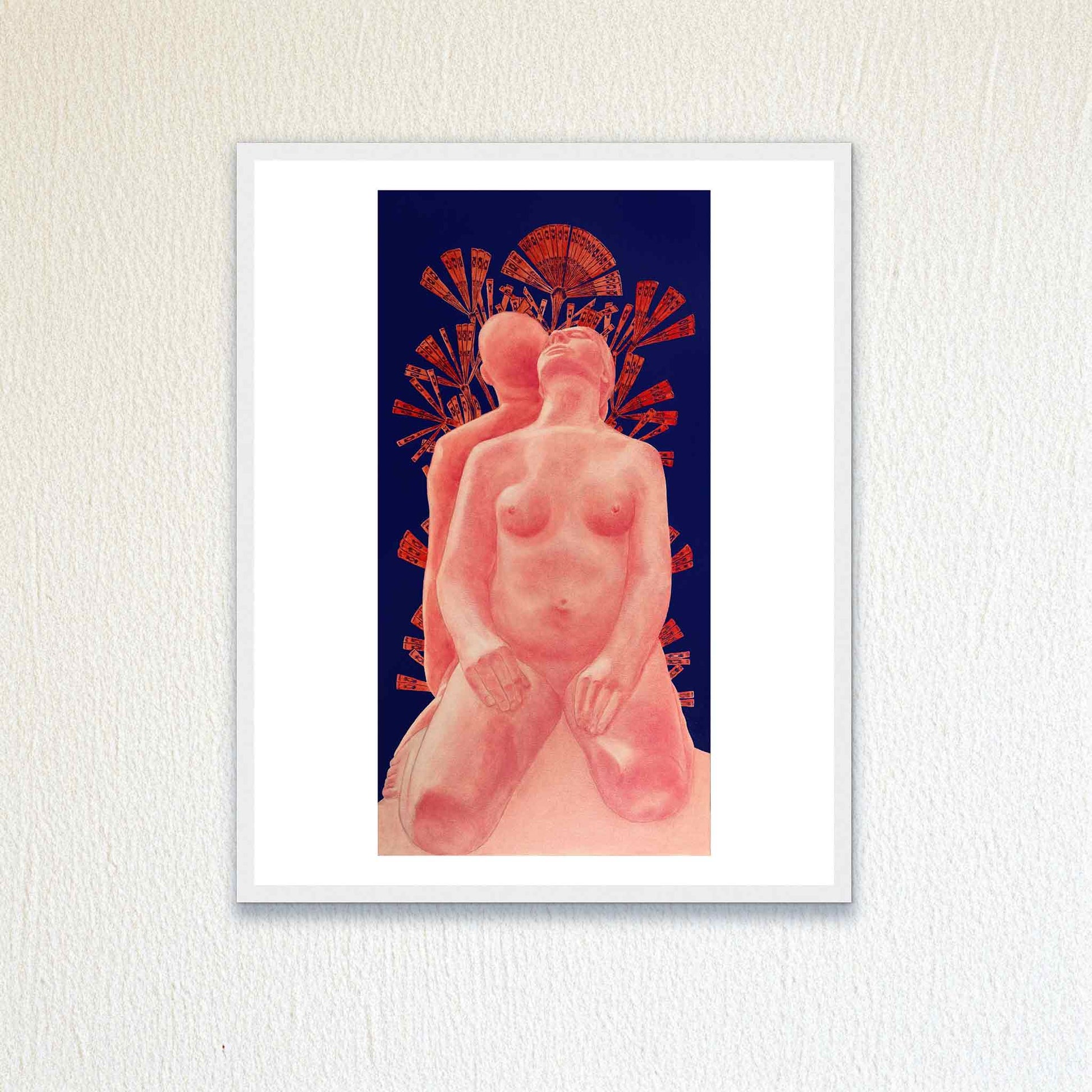 Framed artwork of two figures against a blue background with red accents on a textured white wall.