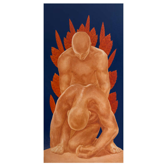 Two figures with red leaves on a blue background