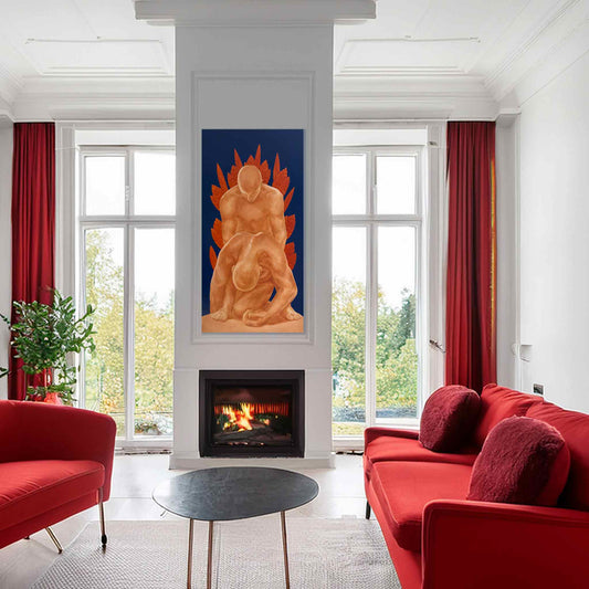 Modern living room with red sofas, a fireplace, and a colorful abstract painting.