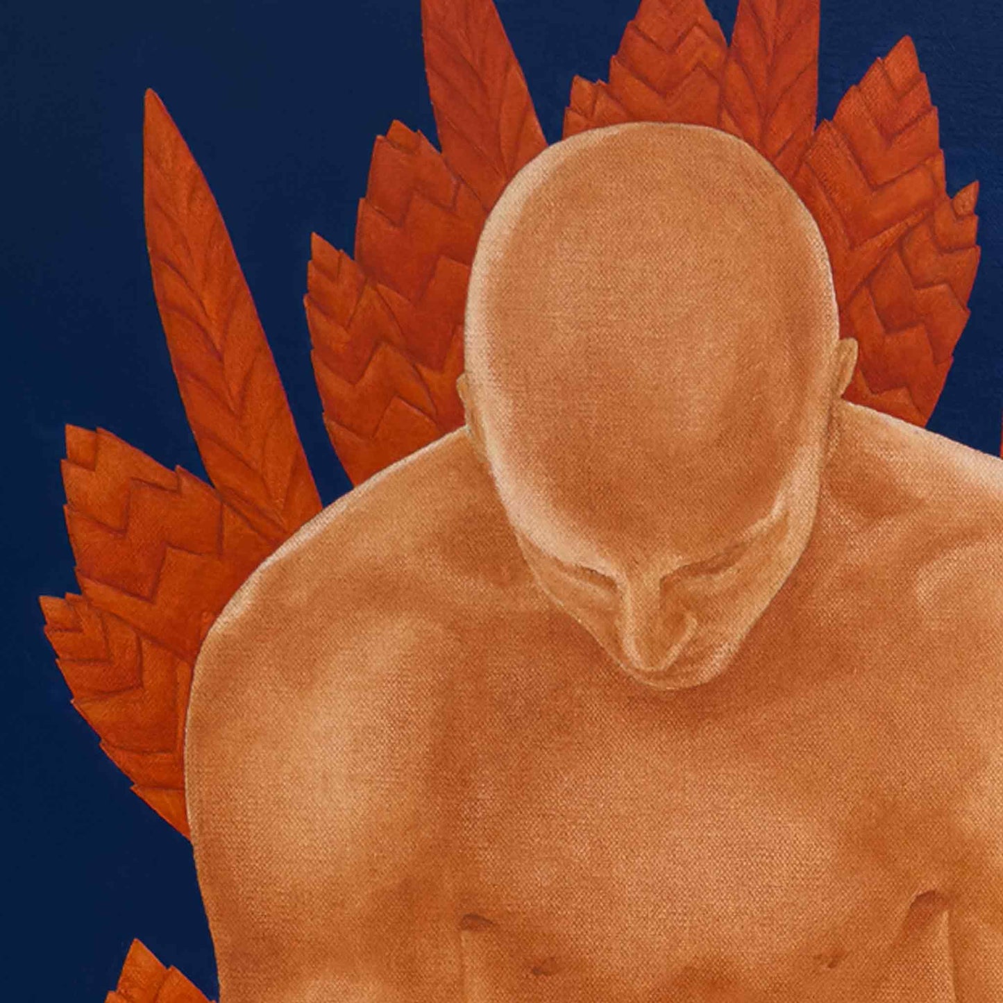 Illustration of a bald figure with red leaves on a blue background