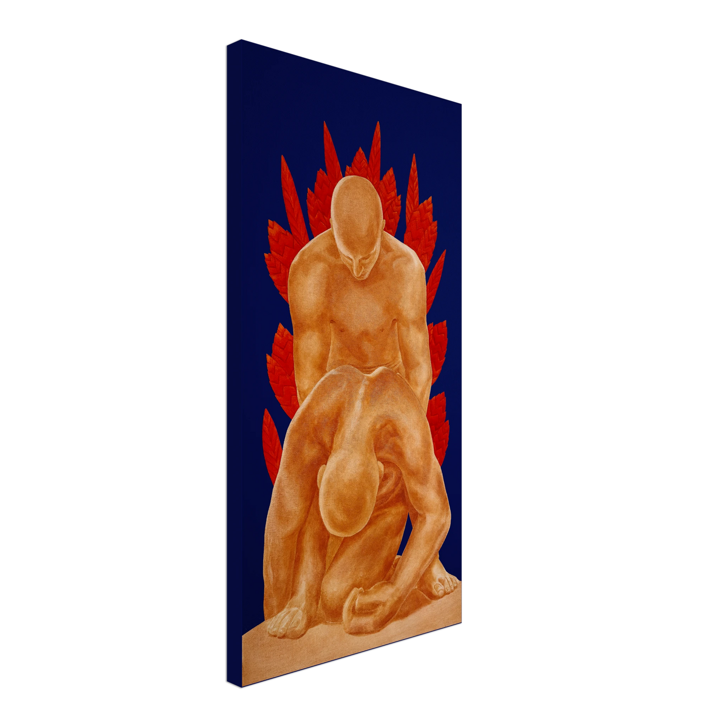 Sculpture of two figures with red pattern on a blue background