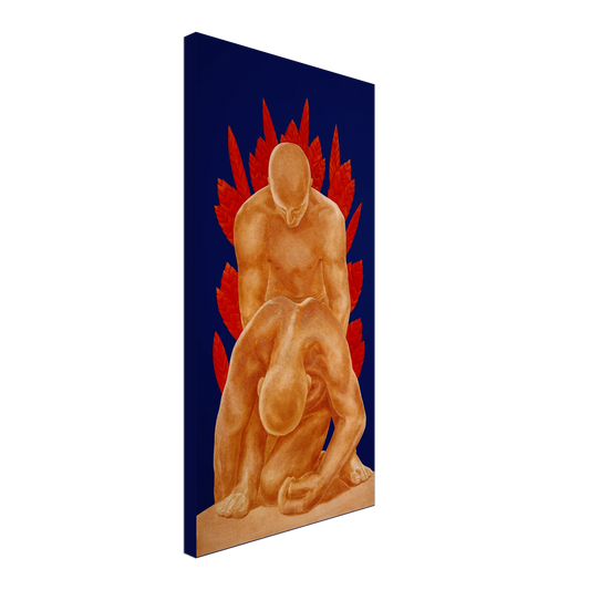 Sculpture of two figures with red pattern on a blue background