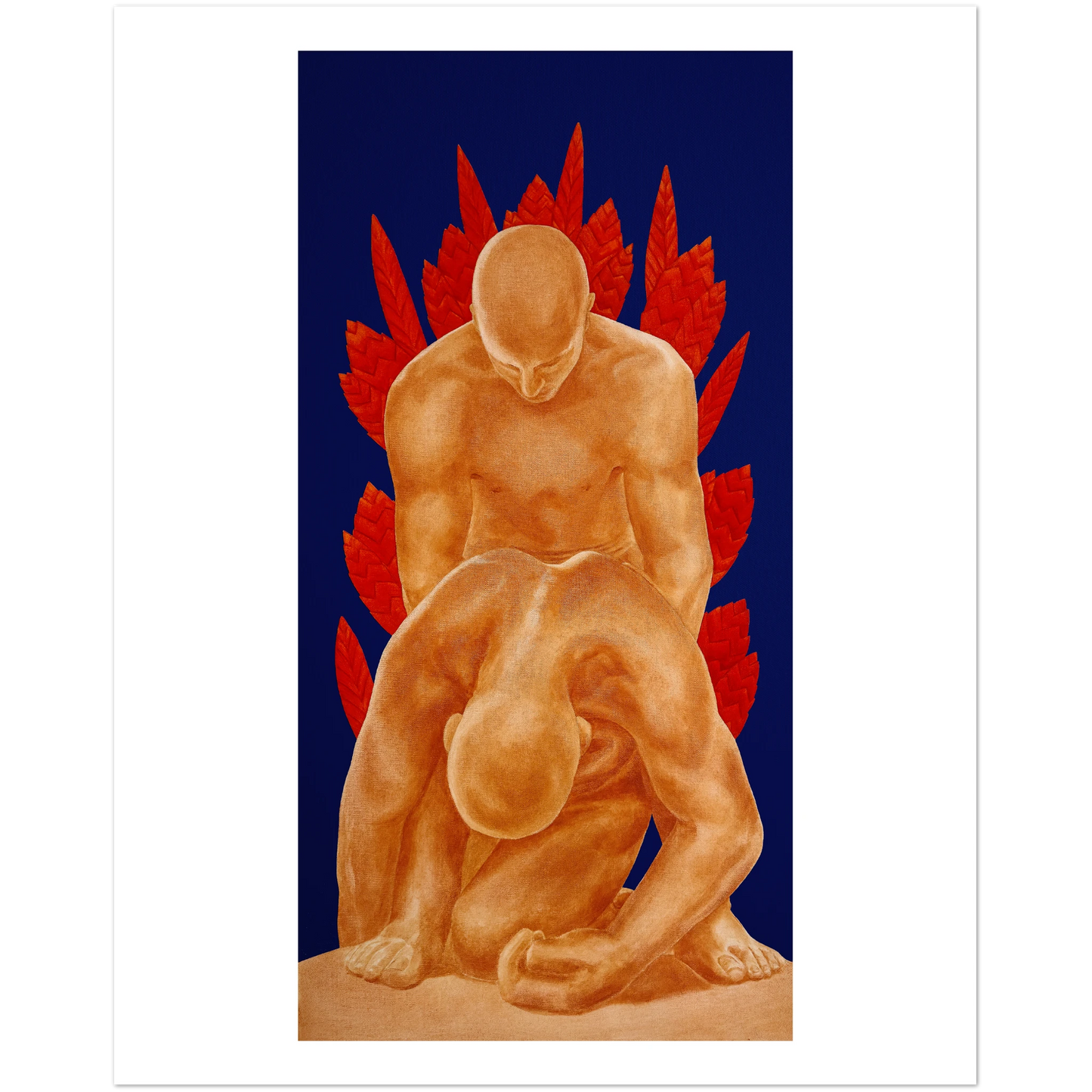 Artistic depiction of two figures with red floral elements on a blue background