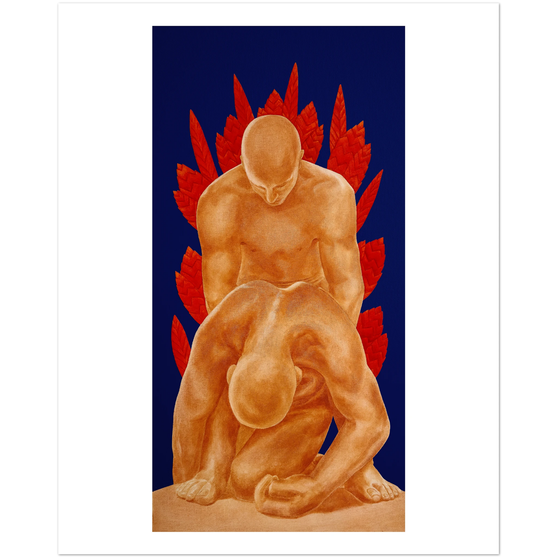 Artistic depiction of two figures with red floral elements on a blue background