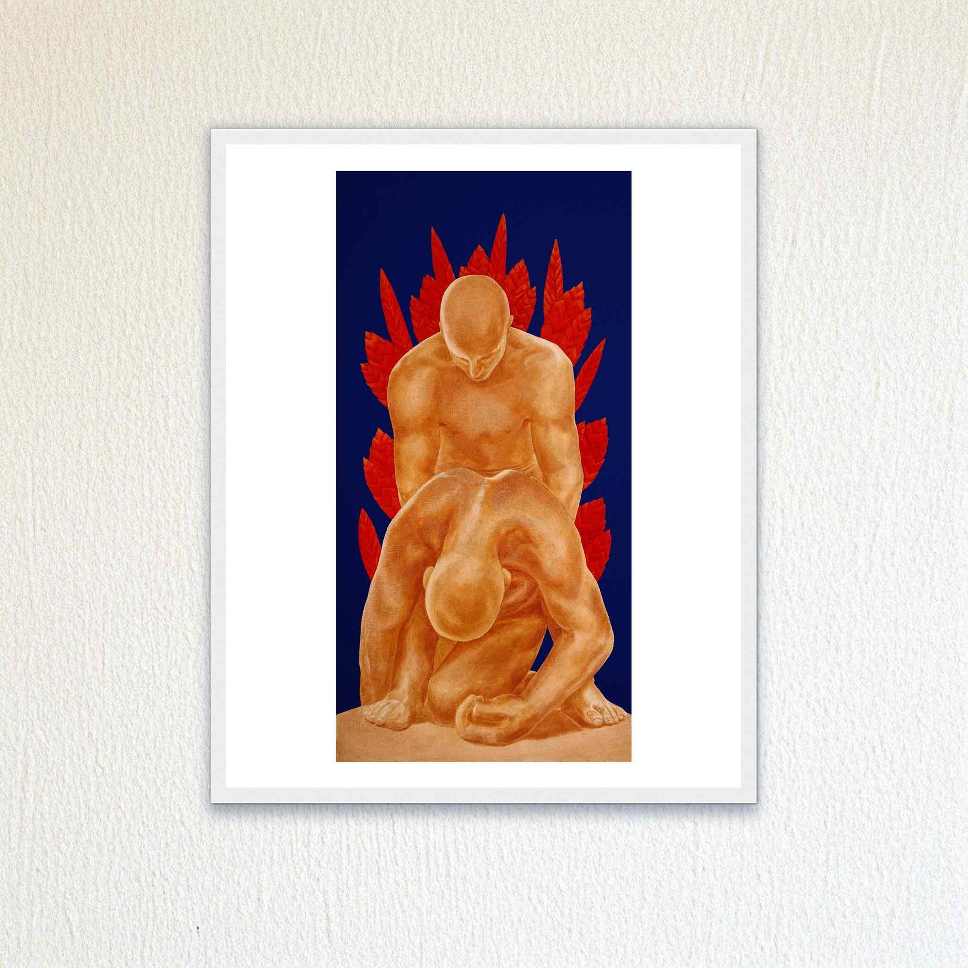 Framed artwork of two figures with red elements on a blue background, mounted on a textured white wall.