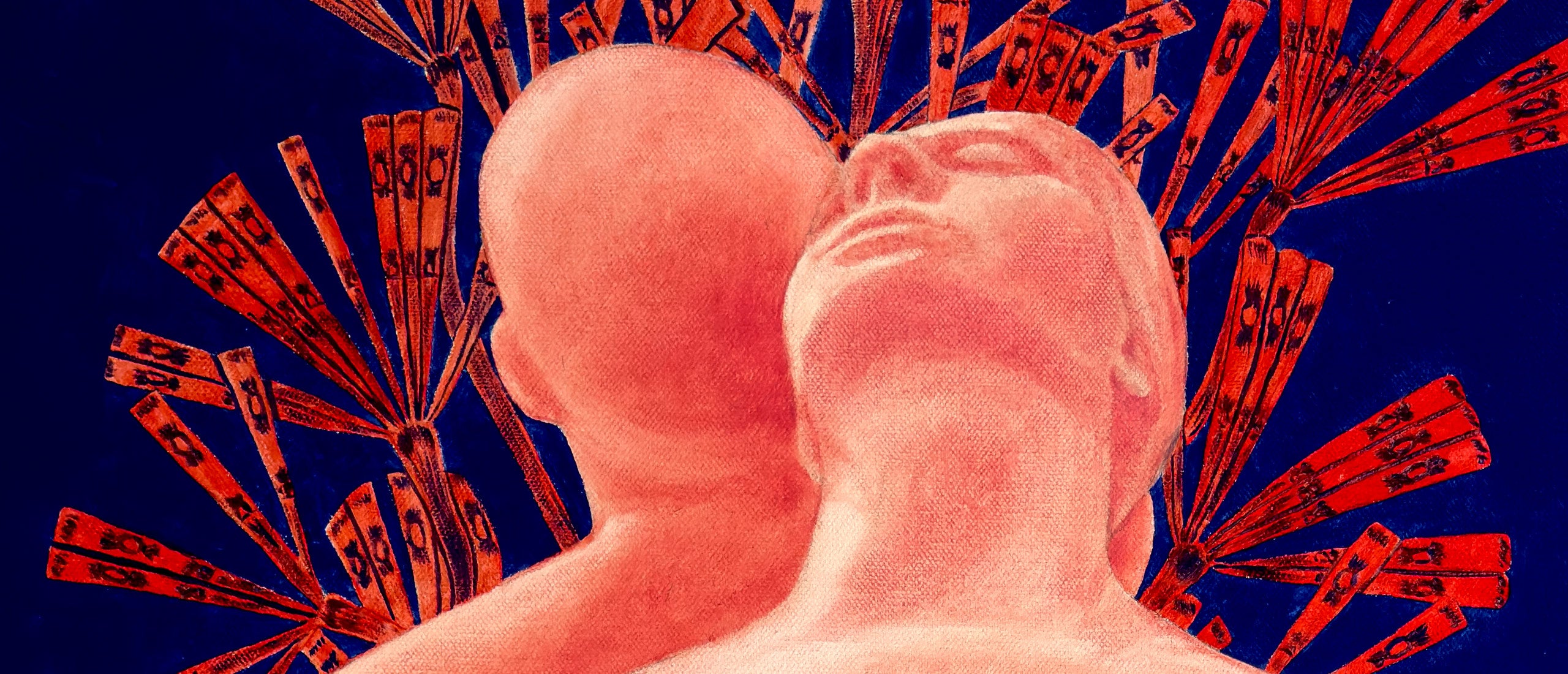 Two abstract human figures in pink against a blue background with red decorative pattern