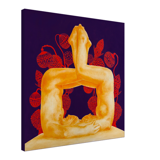 Canvas print of a stylized artistic depiction of two figures with red abstract elements on a purple background.