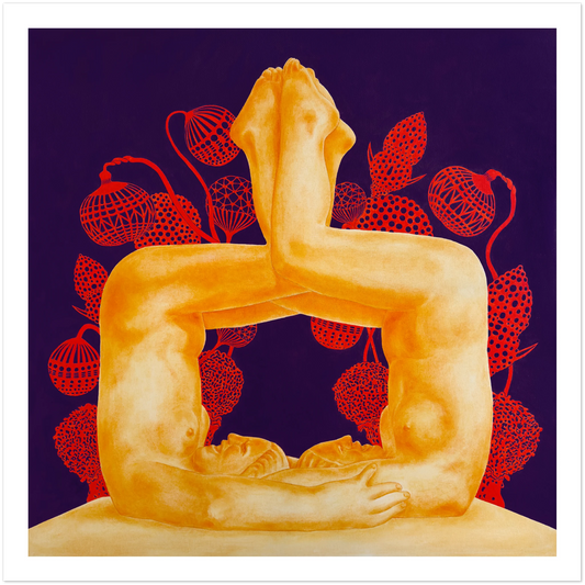 Artistic depiction of two figures with red abstract elements on a dark background
