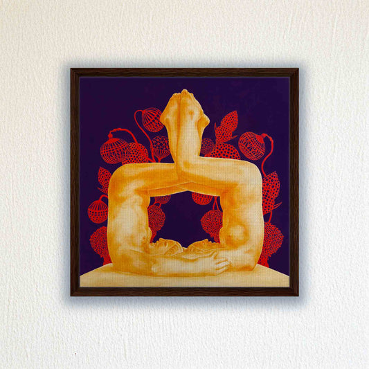 Framed artwork of two figure with red floral elements on a purple background