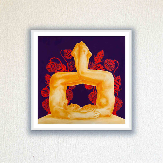 Framed artwork of a stylized human figure with red abstract elements on a purple background.