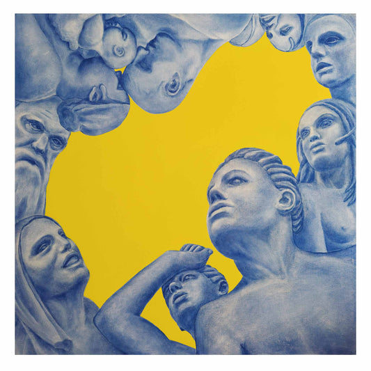 Artistic depiction of classical statues against a yellow background