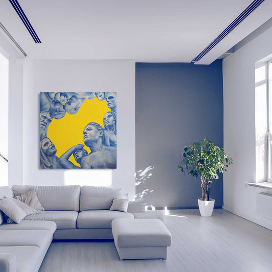 Modern living room with a large abstract painting on the wall, a white sofa, and a potted plant.