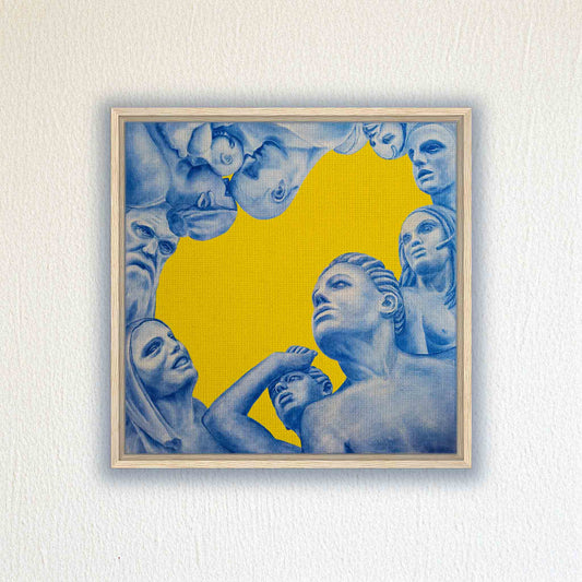 Framed artwork with blue figures on a yellow background