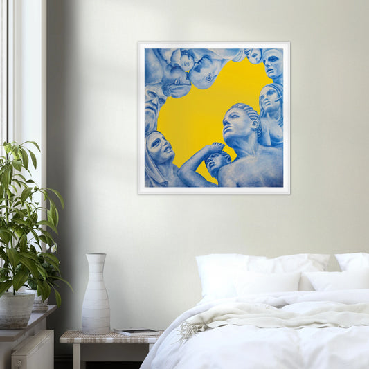 Framed artwork with blue figures against a yellow background in a bedroom setting.