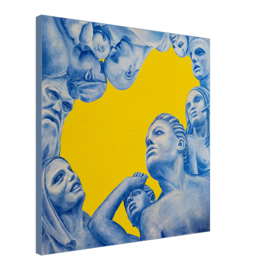 Artistic depiction of stylized human faces in blue on a yellow background
