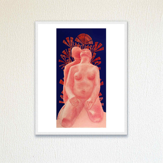 Framed artwork of two figures against a blue background with red accents on a textured white wall.