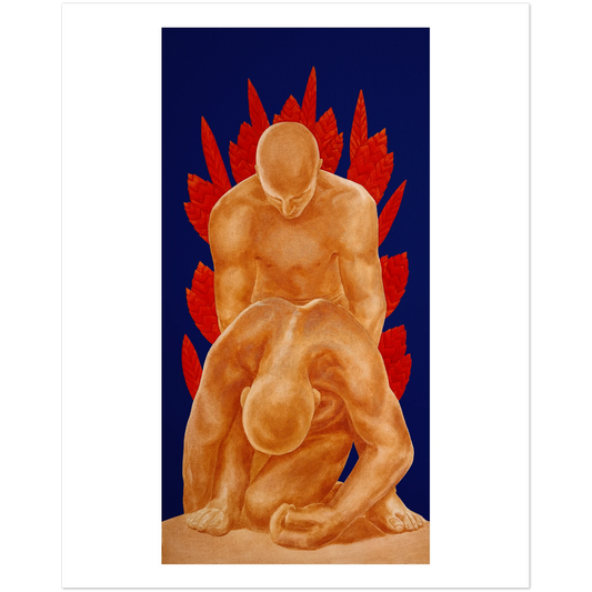 Artistic depiction of two figures with red floral elements on a blue background
