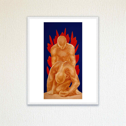 Framed artwork of two figures with red elements on a blue background, mounted on a textured white wall.